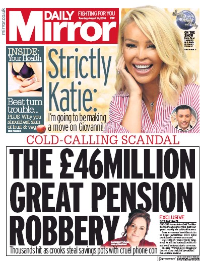 Daily Mirror Newspaper Front Page for 14 August 2018