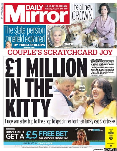 Daily Mirror Newspaper Front Page for 14 August 2019