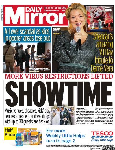 Daily Mirror Newspaper Front Page for 14 August 2020