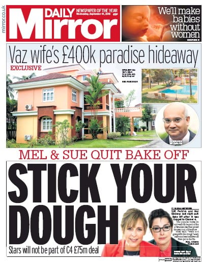 Daily Mirror Newspaper Front Page for 14 September 2016