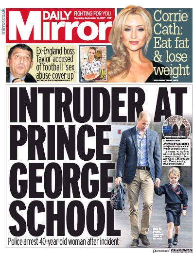 Daily Mirror Newspaper Front Page for 14 September 2017