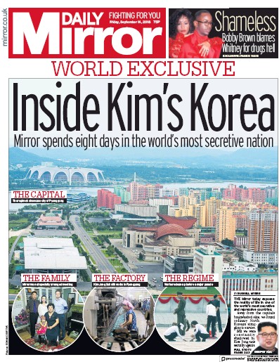 Daily Mirror Newspaper Front Page for 14 September 2018
