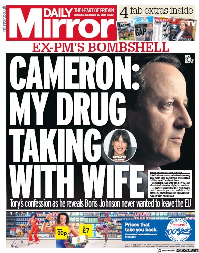 Daily Mirror Newspaper Front Page for 14 September 2019