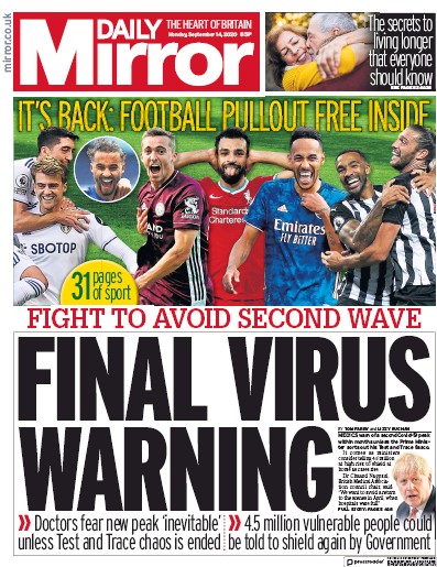 Daily Mirror Newspaper Front Page for 14 September 2020