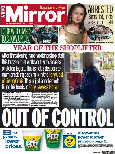 Daily Mirror (UK) Newspaper Front Page for 14 September 2023