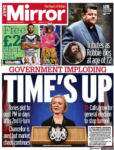 Daily Mirror Newspaper Front Page for 15 October 2022