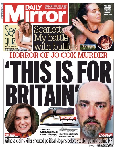 Daily Mirror Newspaper Front Page for 15 November 2016