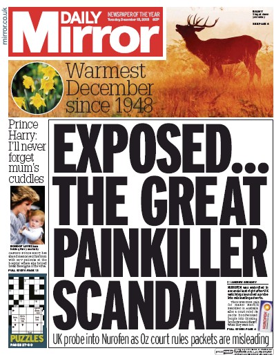 Daily Mirror (UK) Newspaper Front Page for 15 December 2015