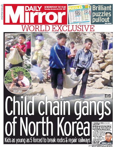 Daily Mirror Newspaper Front Page for 15 December 2016