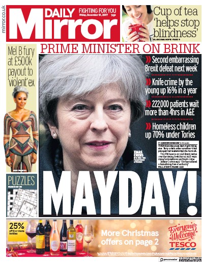 Daily Mirror Newspaper Front Page for 15 December 2017