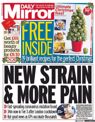 Daily Mirror Newspaper Front Page for 15 December 2020