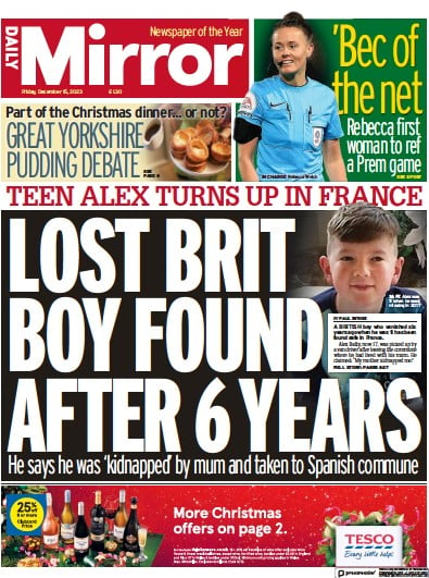 Daily Mirror Newspaper Front Page for 15 December 2023