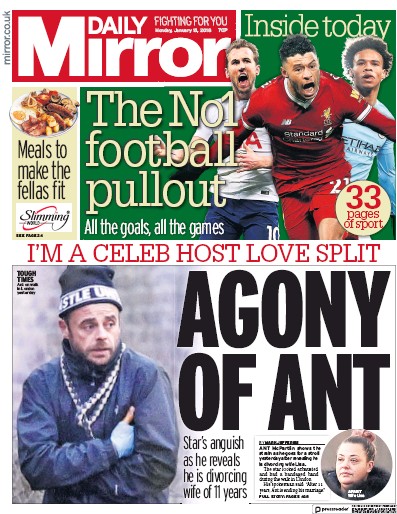 Daily Mirror Newspaper Front Page for 15 January 2018