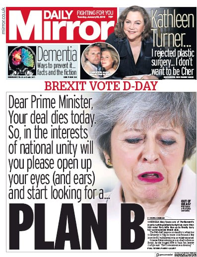 Daily Mirror Newspaper Front Page for 15 January 2019