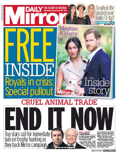Daily Mirror Newspaper Front Page for 15 January 2020