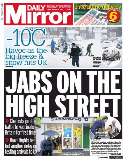 Daily Mirror Newspaper Front Page for 15 January 2021