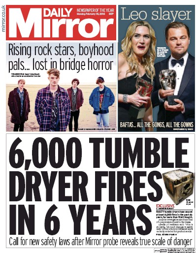 Daily Mirror Newspaper Front Page for 15 February 2016