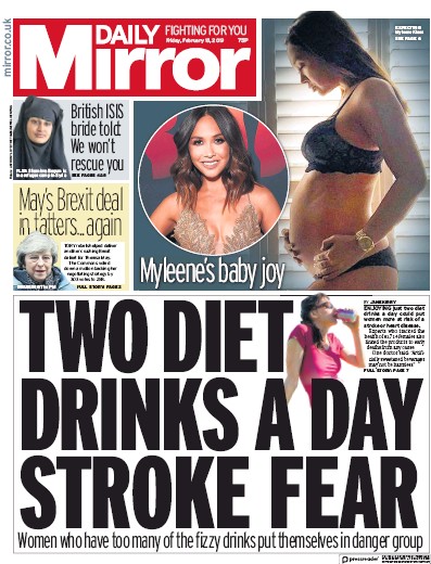 Daily Mirror Newspaper Front Page for 15 February 2019