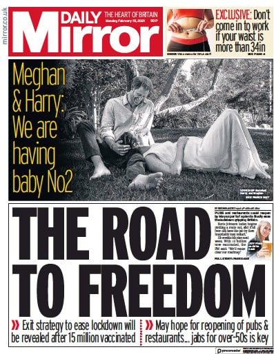 Daily Mirror Newspaper Front Page for 15 February 2021