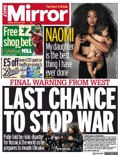 Daily Mirror (UK) Newspaper Front Page for 15 February 2022