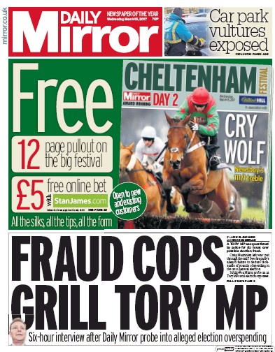 Daily Mirror Newspaper Front Page for 15 March 2017