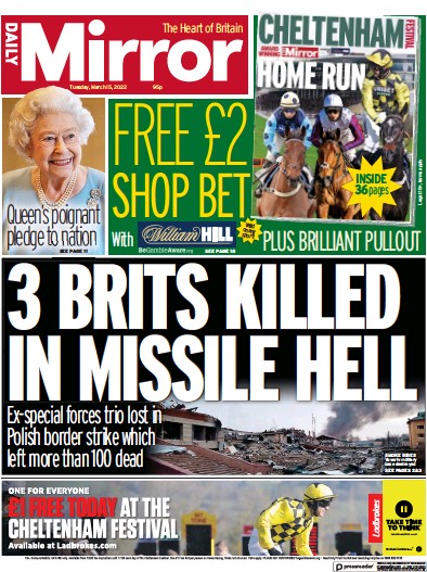 Daily Mirror Newspaper Front Page for 15 March 2022