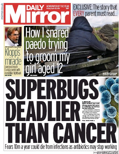 Daily Mirror Newspaper Front Page for 15 April 2016