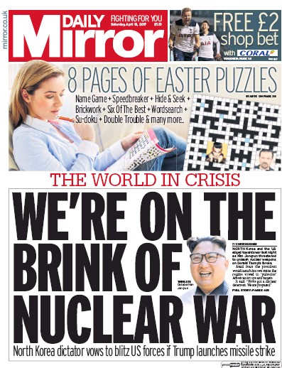 Daily Mirror Newspaper Front Page for 15 April 2017