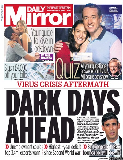 Daily Mirror Newspaper Front Page for 15 April 2020