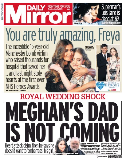 Daily Mirror Newspaper Front Page for 15 May 2018