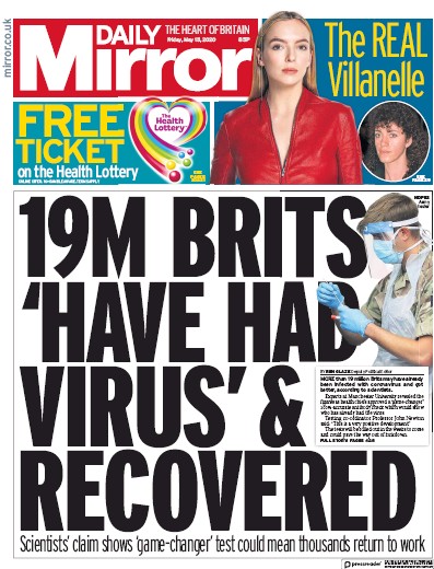 Daily Mirror Newspaper Front Page for 15 May 2020