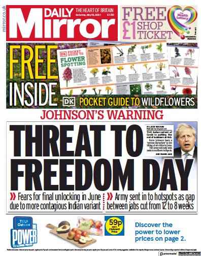 Daily Mirror Newspaper Front Page for 15 May 2021