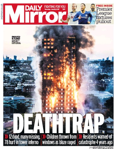 Daily Mirror Newspaper Front Page for 15 June 2017