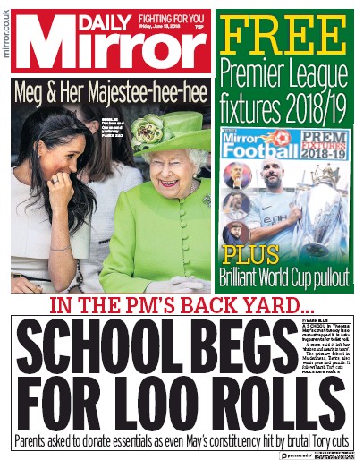Daily Mirror Newspaper Front Page for 15 June 2018