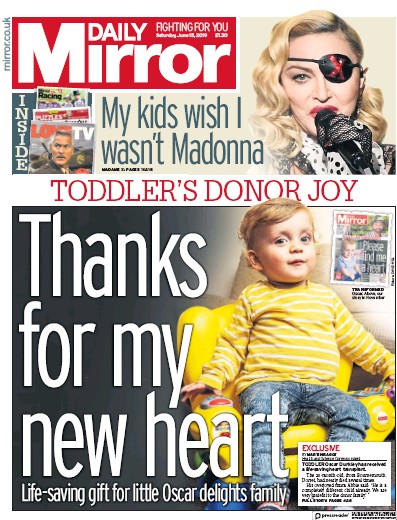 Daily Mirror Newspaper Front Page for 15 June 2019