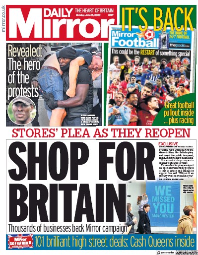Daily Mirror Newspaper Front Page for 15 June 2020