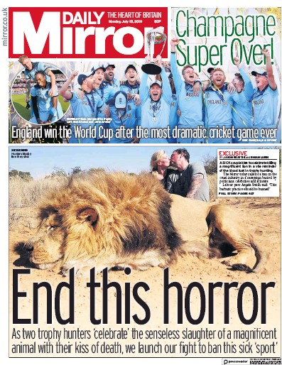 Daily Mirror Newspaper Front Page for 15 July 2019