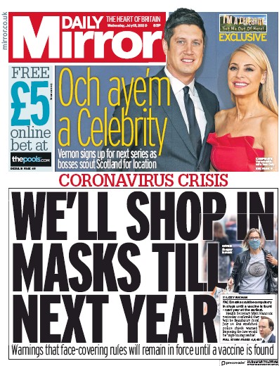 Daily Mirror Newspaper Front Page for 15 July 2020