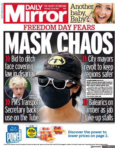 Daily Mirror (UK) Newspaper Front Page for 15 July 2021