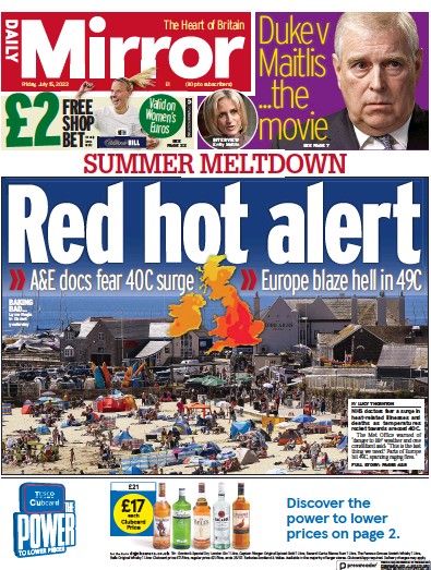 Daily Mirror Newspaper Front Page for 15 July 2022