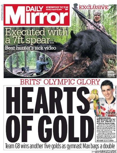 Daily Mirror (UK) Newspaper Front Page for 15 August 2016