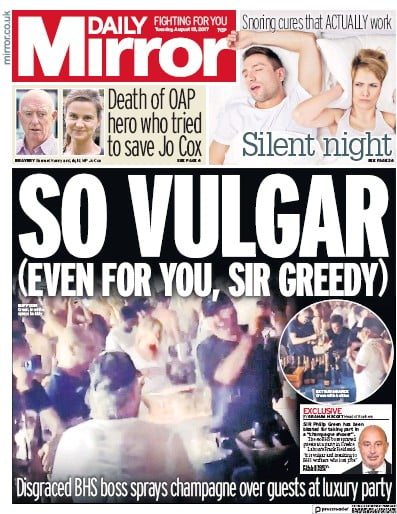 Daily Mirror Newspaper Front Page for 15 August 2017