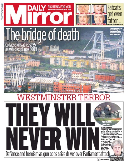 Daily Mirror (UK) Newspaper Front Page for 15 August 2018