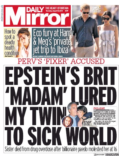 Daily Mirror (UK) Newspaper Front Page for 15 August 2019