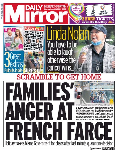 Daily Mirror Newspaper Front Page for 15 August 2020