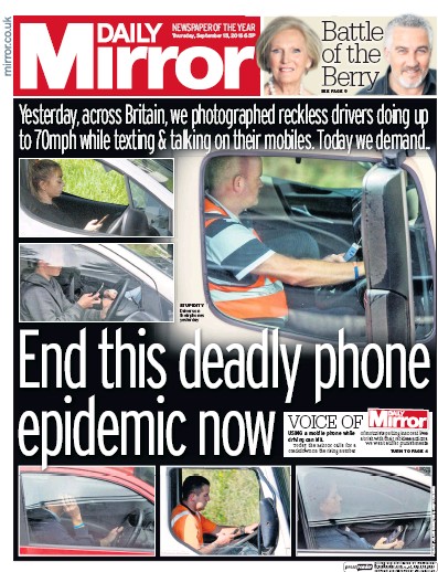 Daily Mirror (UK) Newspaper Front Page for 15 September 2016