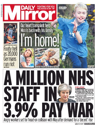 Daily Mirror Newspaper Front Page for 15 September 2017