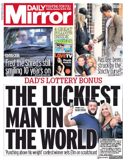 Daily Mirror Newspaper Front Page for 15 September 2018