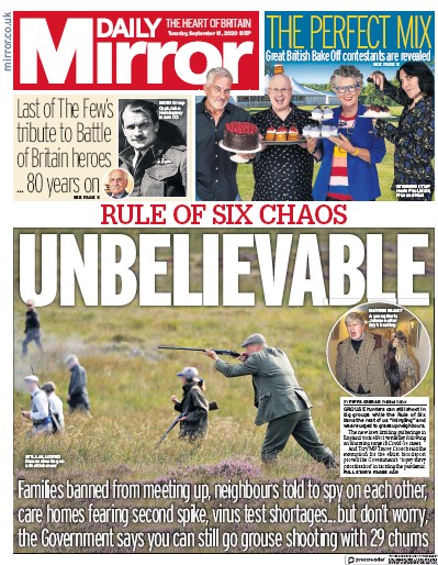 Daily Mirror Newspaper Front Page for 15 September 2020
