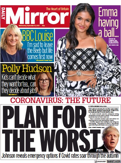 Daily Mirror (UK) Newspaper Front Page for 15 September 2021